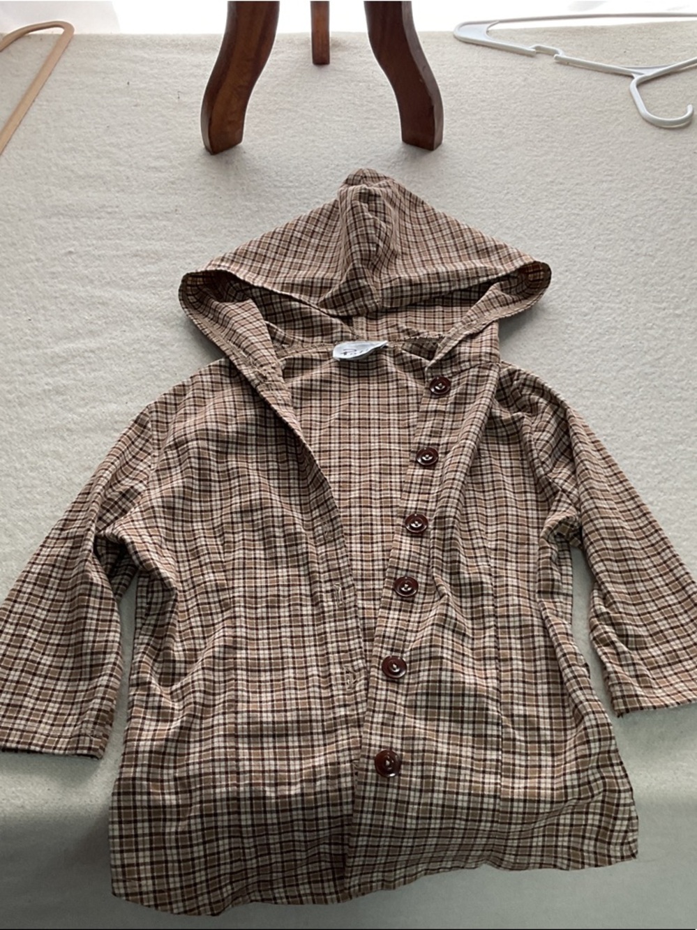 Kids Hooded Plaid Raincoat in Brown - Classic Button Front